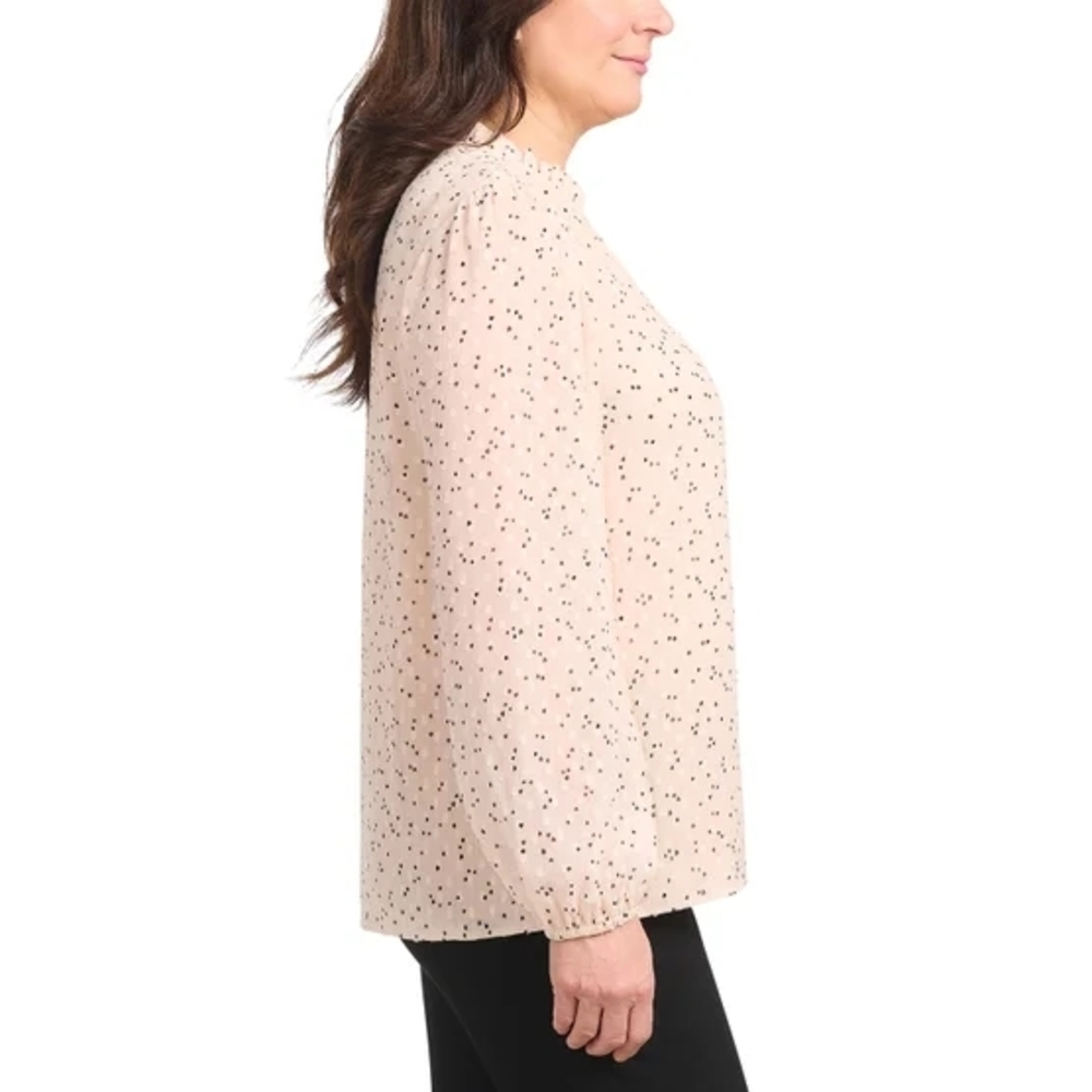 Women's Light Peach Cream Long Sleeve Blouse with Black Dots, Size L - Picture 3 of 7